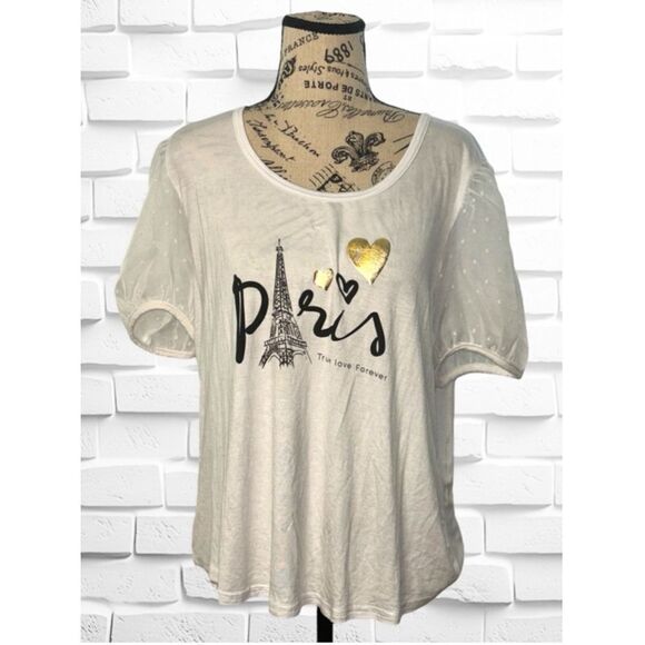 Sugar & Rose Women’s Size XL Puffy Sleeve Paris “True Love Forever” Graphic Top - Picture 1 of 10